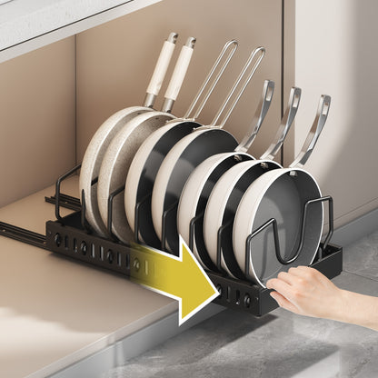 Pull Out Cabinet Organizer Set of 2 - Slide Out Pot and Pan Organizer for Under Cabinet, Pot Lid Holder Rack with 8 Adjustable Dividers, Drill-Free Kitchen Cabinet Cookware Storage Shelf, Black