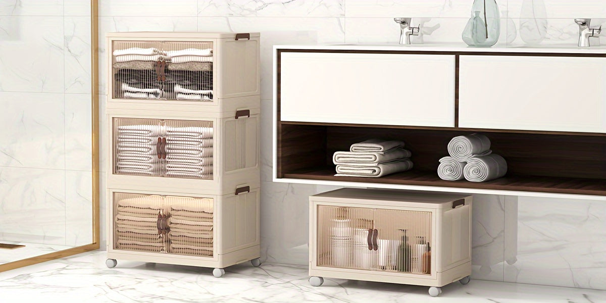 Foldable Storage Cabinet with Lid & Wheels 48QT – Stackable Clothes & Bedding Organizer, Space-Saving Wardrobe Box for Bedroom Game Room, 2/3/4/5 Layer