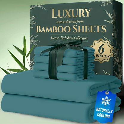 Bamboo Cooling Bed Sheets 6 Piece Set - 17 Inch Deep Pocket Fitted Sheet for Hot Sleepers, Cloud-Soft Luxury Flat Sheet & Pillowcases, Twin Full Queen King, Breathable Hypoallergenic Bedroom Bedding