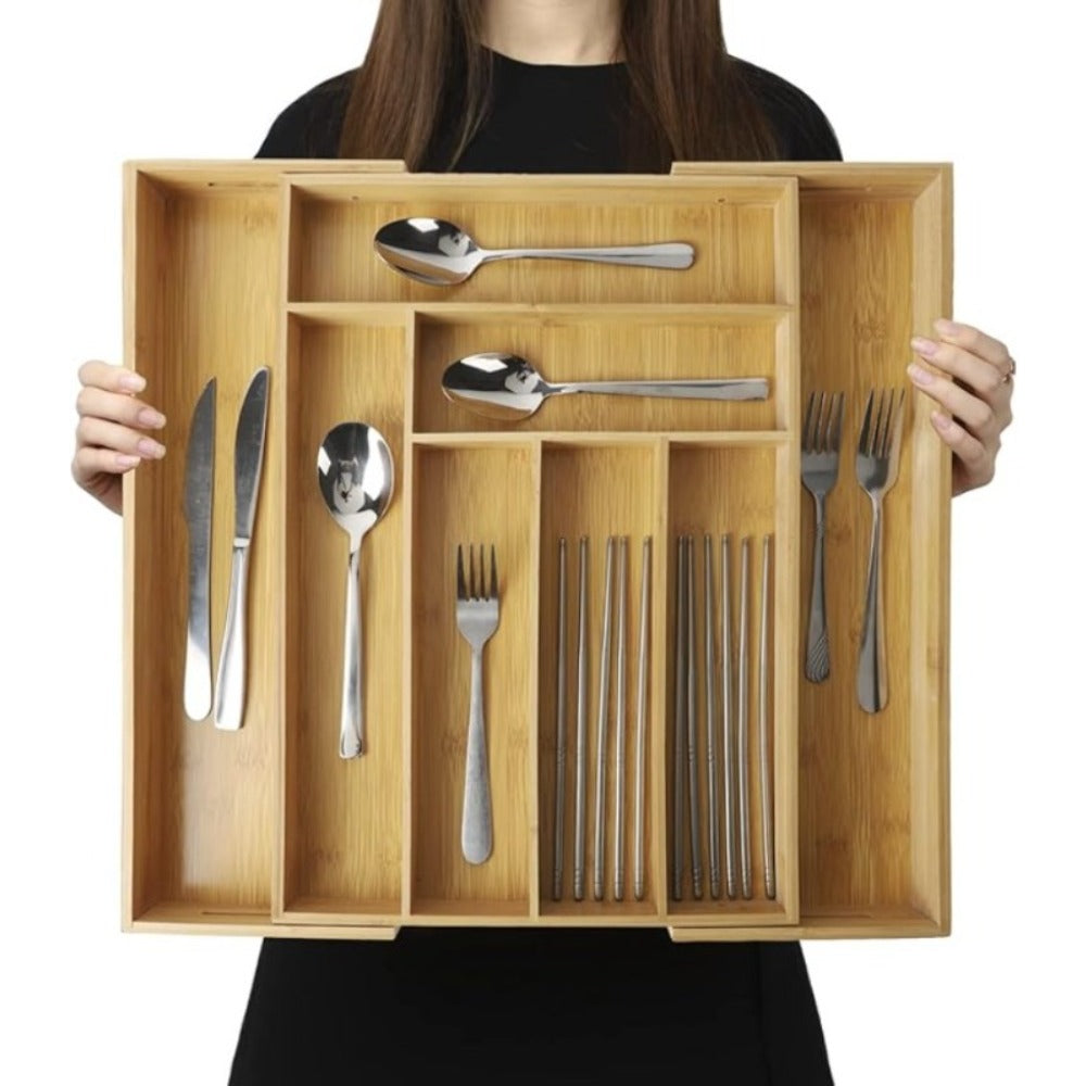 Expandable Bamboo Drawer Organizer 9-Compartment Adjustable Silverware Tray Cutlery Utensil Holder for Kitchen Bedroom Office Home Storage