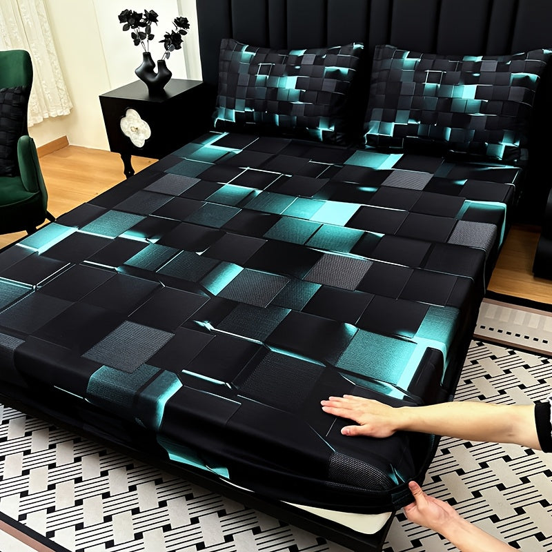 Digital Print Fitted Sheet Set 3 Piece Deep Pocket 15" – Plaid & Mechanical Pattern Bed Sheet with 2 Pillowcases, All Season Microfiber Bedding for Home & Dorm, Twin Full Queen King, 7 Colors