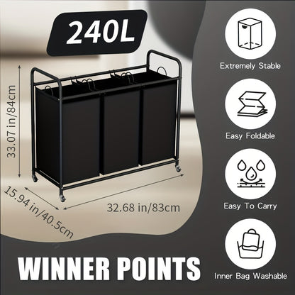 Laundry Basket 3-Bag Sorter Cart 63 Gallon Rolling Lockable Wheels Removable Bags Heavy Duty Hamper for Bedroom Laundry Room Black Gray Beige Brown