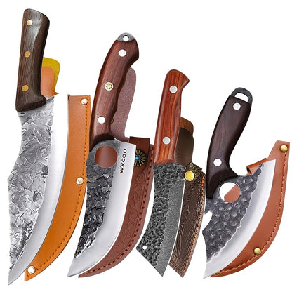 Viking Chef Knife Set 3-4 Piece, Stainless Steel Kitchen Knife Set with Hammered Blade, Professional Boning Utility Fish Knife Set for Cooking Camping BBQ, Sharp Full Tang Knives Gift for Men Women