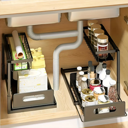 Under Sink Organizer with Sliding Drawer, 2-Tier Metal Pull-Out Storage Rack for Kitchen Bathroom Closet, Space-Saving Cabinet Shelf with Easy Access Design, Black or White