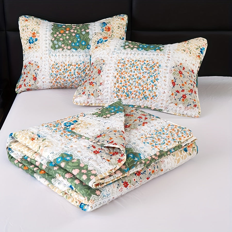 Floral Quilt Set 2 3 Piece Twin Full Queen King Lightweight Patchwork Coverlet Bedding Set Soft Cozy Boho Comforter with Pillow Shams Green Blue Pink Plaid Spring Summer Year Round