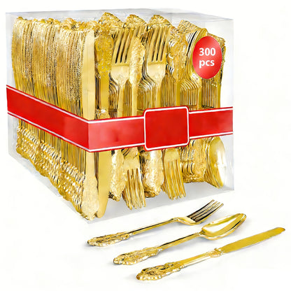 Gold Silver Disposable Cutlery Set 300pcs Serves 100 Guests – Retro Heavyweight Warp-Resistant Fancy Plastic Silverware for Parties Weddings Christmas New Year Valentine's Day Holiday Gatherings