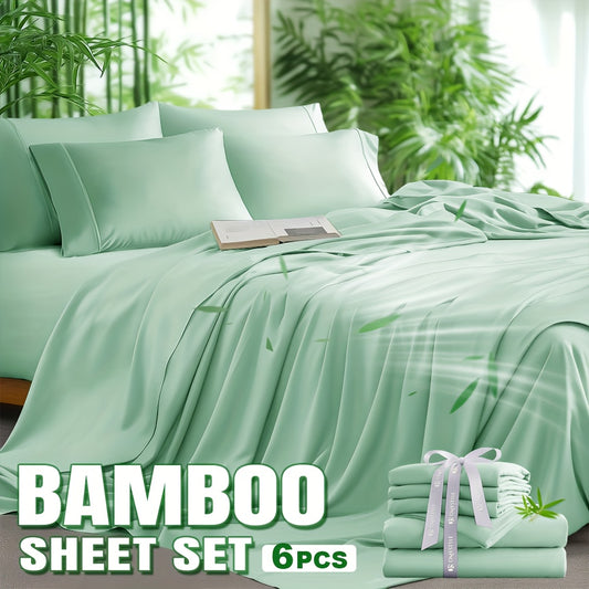 6-Piece Bamboo Blend Bed Sheet Set Ultra Soft Breathable Deep Pocket Fitted Sheet Flat Sheet 4 Pillowcases for Hot Sleepers Twin Full Queen King