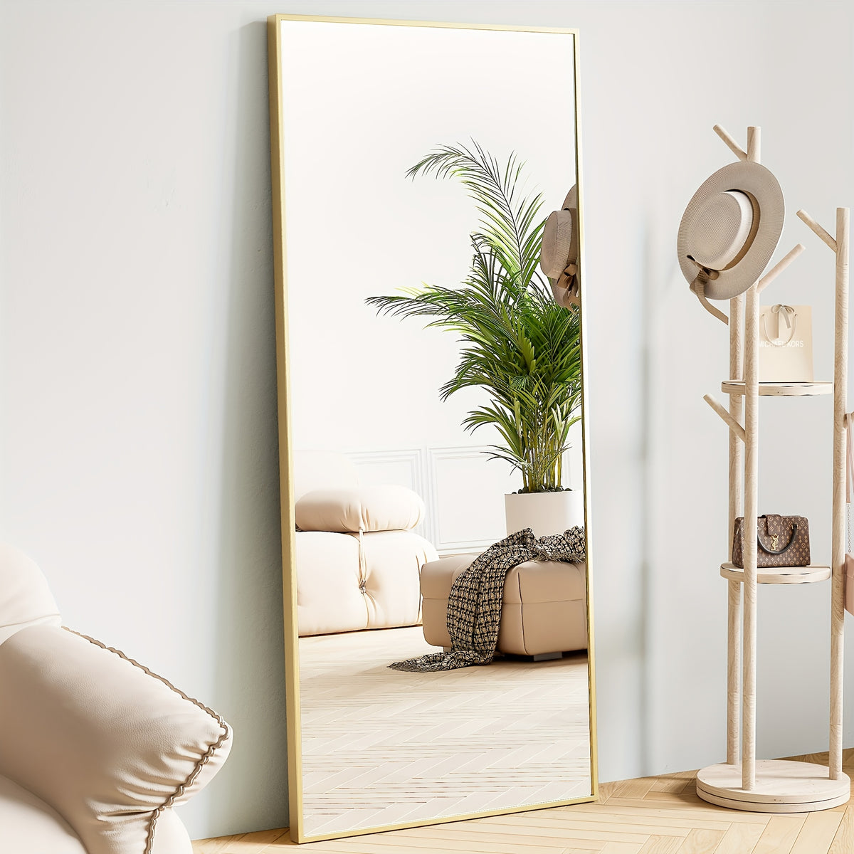 Full Length Mirror Floor Standing – Arched, Angle & Rectangle Full Body Mirror with Thin Steel Frame, Freestanding Leaning or Wall Hanging for Bedroom Bathroom Hotel, Black or Gold
