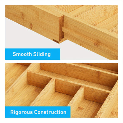 Bamboo Expandable Drawer Organizer with 6-8 Adjustable Compartments – Wooden Cutlery Tray Divider for Kitchen Silverware, Utensils, Knives, Jewelry & Office Supplies in Bedroom or Living Room