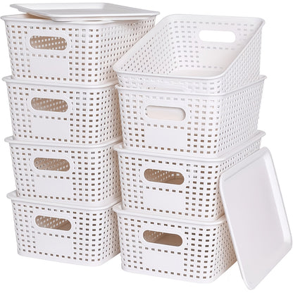 Storage Bins with Lids 4/8pcs Space-Saving Organizer 10"x7"x4" – Shelf Closet Desk Organizer for Dorm Playroom Office, Includes File Organizer Bag, White Black Gray Red