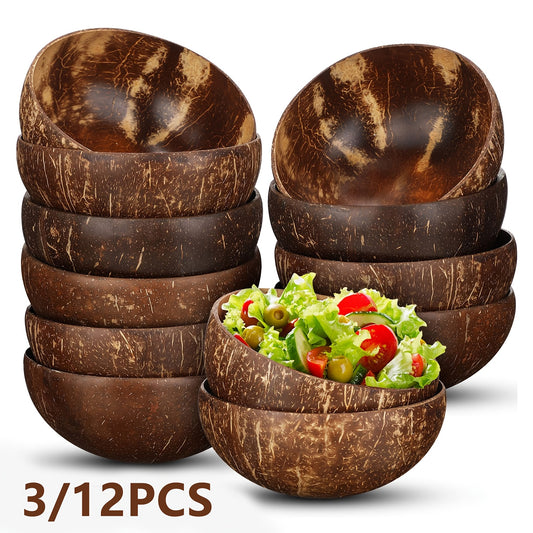 Coconut Shell Bowls Polished Natural – Smoothie Acai Salad Fruit Yogurt Serving Bowls, Rustic Decorative Wooden Bowls for Kitchen Decor, Vegan Gift Set of 3 or 12 | Home Viaco