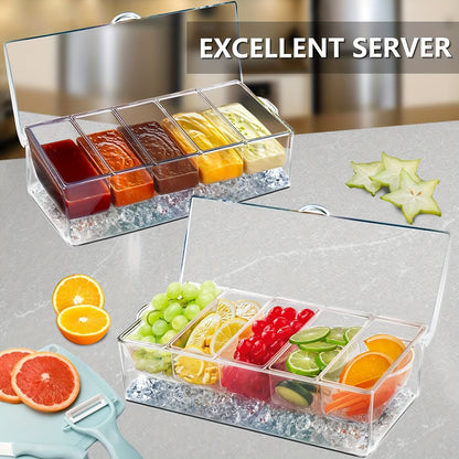 Bar Serving Tray on Ice | 5-Compartment Garnish Platter with Lid, 5 Forks & 3 Pliers | Cold Condiment & Fruit Tray for Bar, Parties & Entertaining