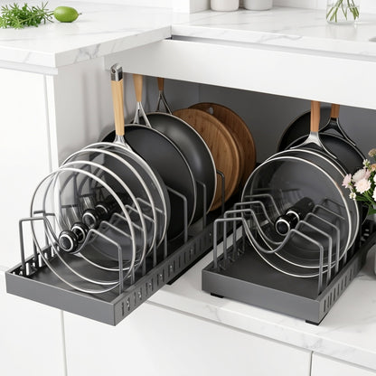 Sliding Pot and Pan Organizer Rack with Pull-Out Drawer – Under Cabinet Kitchen Storage for Pot Lids, Baking Trays & Utensils, 8 Adjustable Dividers, Black White Gray