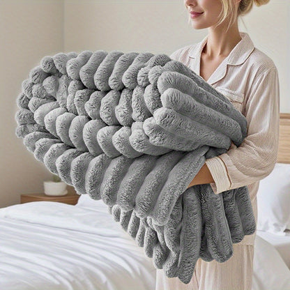 Striped Throw Blanket Ultra Soft Warm Faux Fur Blanket for Sofa Couch Bed, Lightweight Skin-Friendly All-Season Blanket for Bedroom Office Travel Camping, Cozy Gift for Women Men