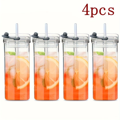 Borosilicate Glass Cups with Lid and Straw 4/6 Pack – Square Korean Style Drinking Glasses, BPA Free Leak Proof Transparent Tumblers for Coffee Juice Water, Multipurpose Kitchen Glassware Gift Set