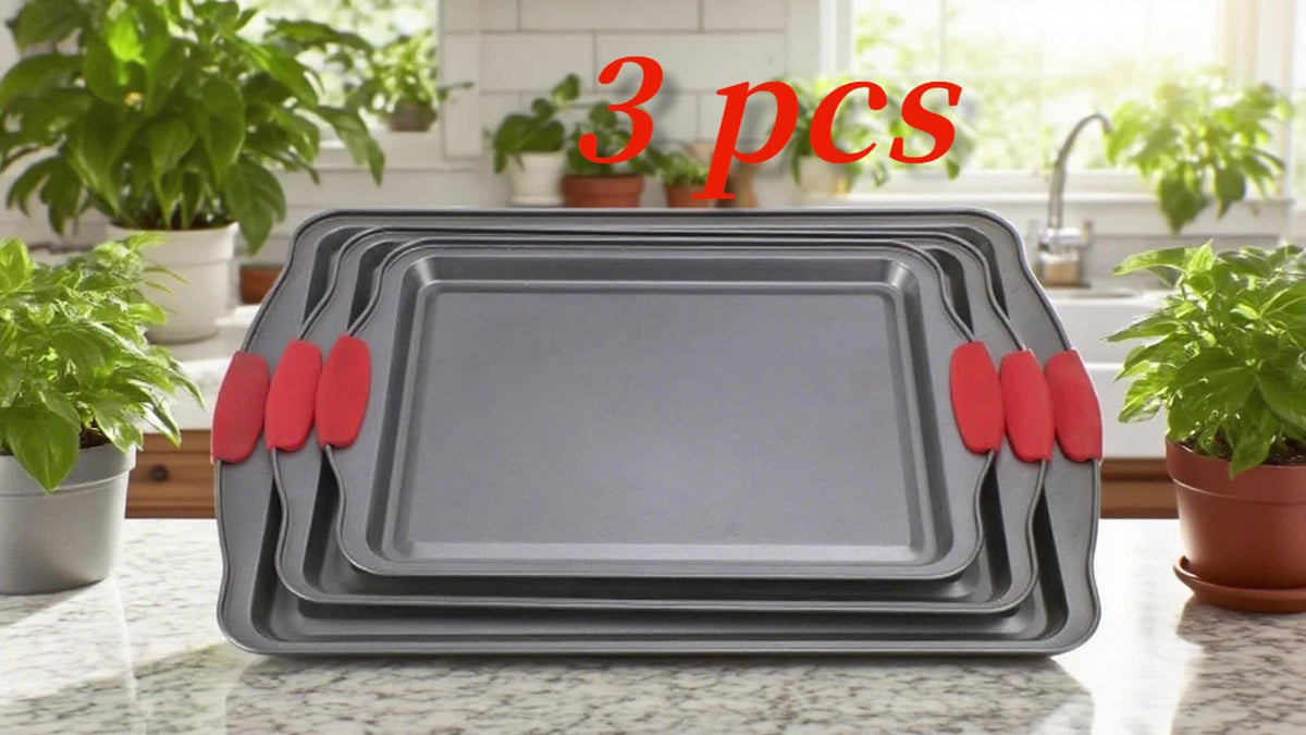 Carbon Steel Bakeware Set 3 Piece Non-Stick, Commercial-Grade Oven Baking Pans S M L with Red Silicone Handles, Heavy-Duty Carbon Steel Baking Sheet Set for Cookies Bread Roasting Cake Home Kitchen