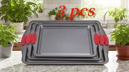 Carbon Steel Bakeware Set 3 Piece Non-Stick, Commercial-Grade Oven Baking Pans S M L with Red Silicone Handles, Heavy-Duty Carbon Steel Baking Sheet Set for Cookies Bread Roasting Cake Home Kitchen
