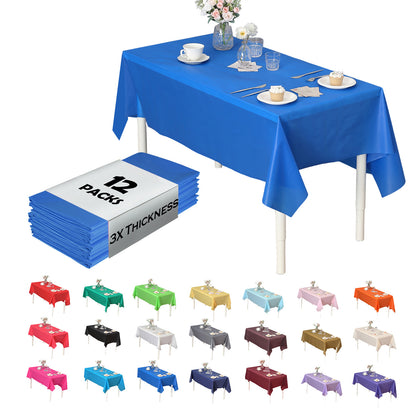 Disposable Plastic Tablecloth 12-Pack – Heavy Duty Table Cover for Parties, 84" Round & 54"x108" Rectangle, 22 Colors for Kitchen Dining Outdoor Events