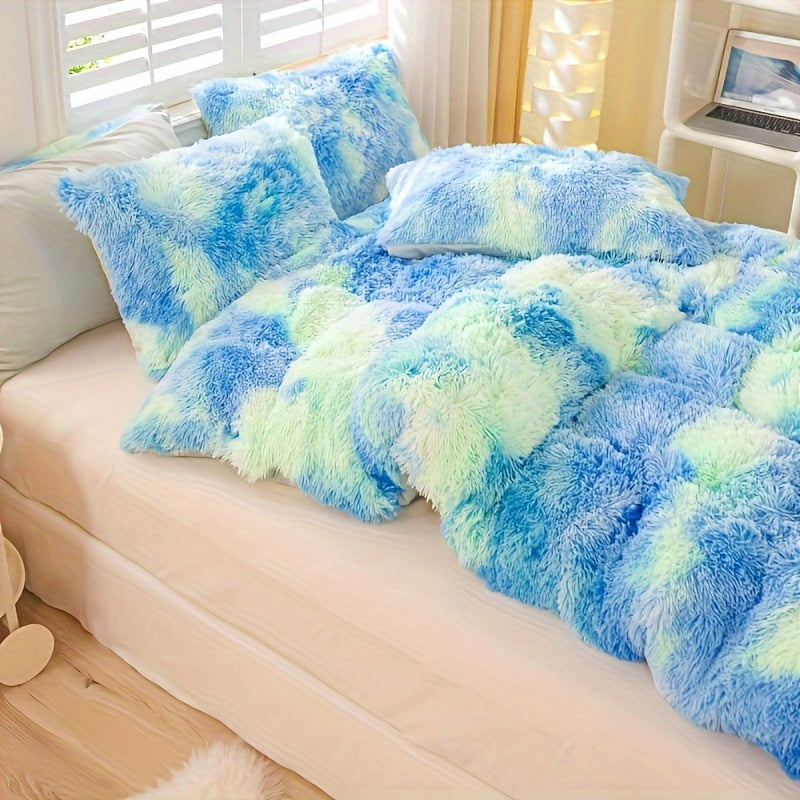 Plush Duvet Cover Set 3-Piece – Soft Fuzzy Comforter Cover with 2 Pillowcases, Cozy Warm Bedding for Bedroom & Dorm, Twin Full Queen King, 14 Colors including Solid & Tie Dye