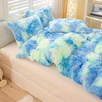 Plush Duvet Cover Set 3-Piece – Soft Fuzzy Comforter Cover with 2 Pillowcases, Cozy Warm Bedding for Bedroom & Dorm, Twin Full Queen King, 14 Colors including Solid & Tie Dye