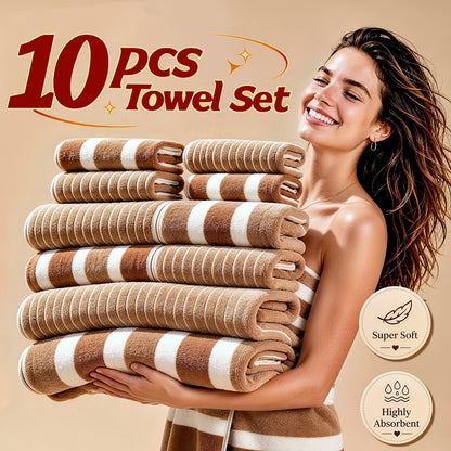 Microfiber Towel Set – Ultra-Soft No Lint Two-Color Striped Bath Towels, Super Absorbent Five-Star Hotel Standard, Available in 1, 3 & 10 Piece Sets for Bathroom, Beach, Gym & Spa