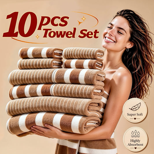Microfiber Towel Set – Ultra-Soft No Lint Two-Color Striped Bath Towels, Super Absorbent Five-Star Hotel Standard, Available in 1, 3 & 10 Piece Sets for Bathroom, Beach, Gym & Spa