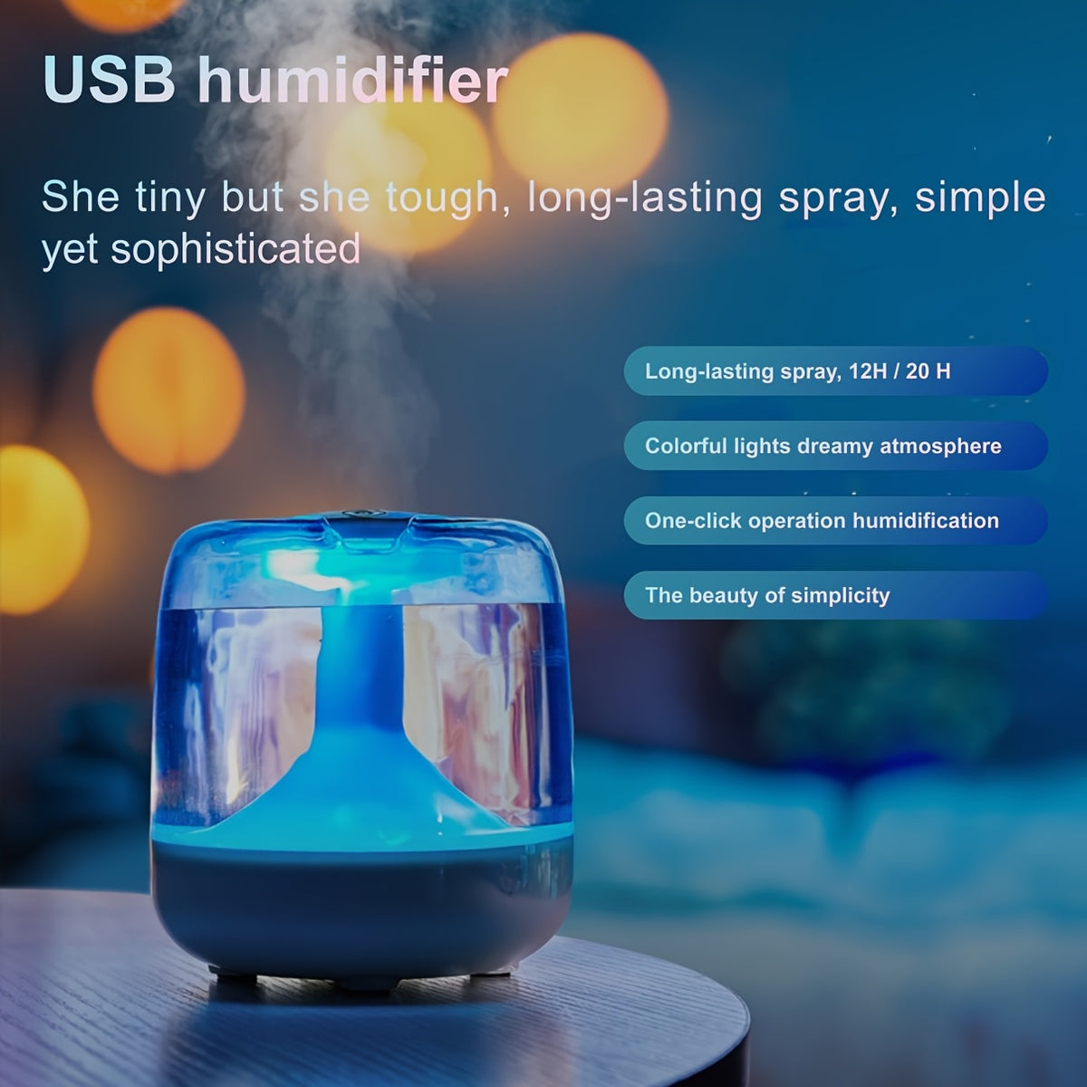 Cool Mist Humidifier with 7-Color Night Light – USB Powered, Ultra-Quiet 26dB, Dual Mist Modes, 24-Hour Runtime, Visible Water Tank for Bedroom, Living Room & Office