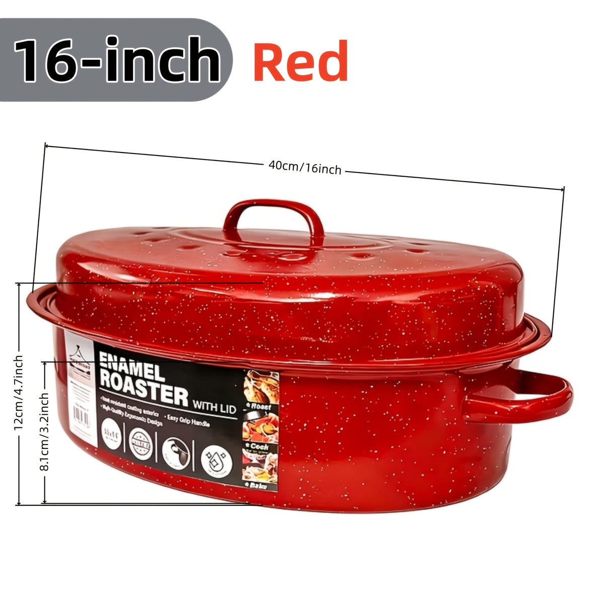 Granite Enamel Roasting Pan with Lid, Nonstick Carbon Steel Turkey Roaster for Oven, Large Bakeware for Chicken Roasting Soup Stew, Available in 13 and 16 Inch in Red Black and Blue