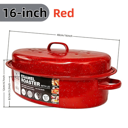 Granite Enamel Roasting Pan with Lid, Nonstick Carbon Steel Turkey Roaster for Oven, Large Bakeware for Chicken Roasting Soup Stew, Available in 13 and 16 Inch in Red Black and Blue