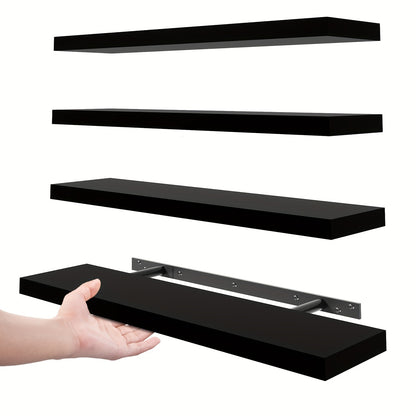 Invisible Bracket Floating Shelves 4 Pack 22 Inch Wall Mounted Wood Shelf for Bathroom Bedroom Living Room Kitchen Decor, Sturdy Wall Shelves Set with Hidden Brackets Walnut Light Brown White Black
