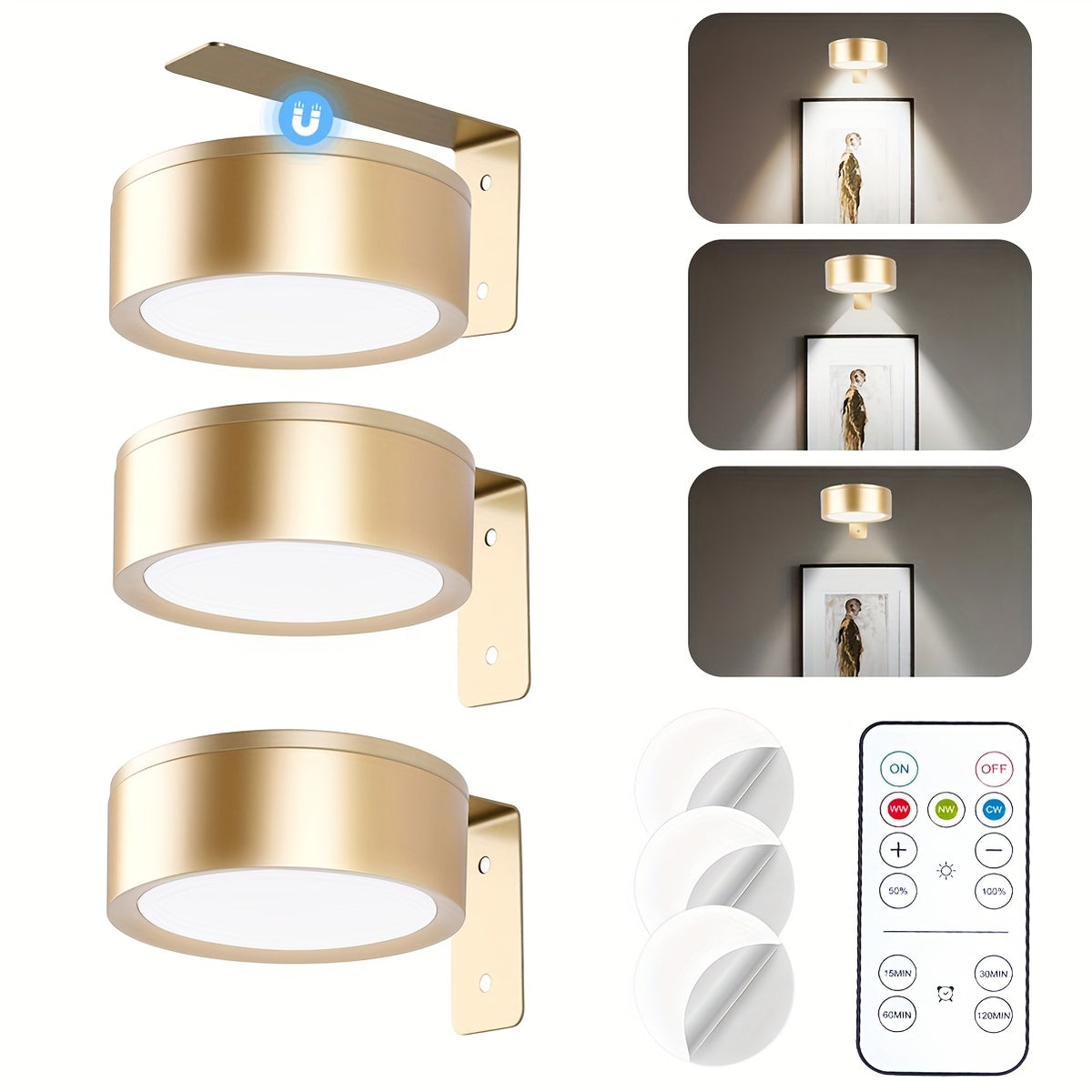 Picture Lights Battery Operated with Remote Control – Dimmable Wireless LED Puck Lights for Wall Art, 3 Color Modes, Timer & Magnetic Mount, No Wiring Gallery Decor (3-Pack or 6-Pack)