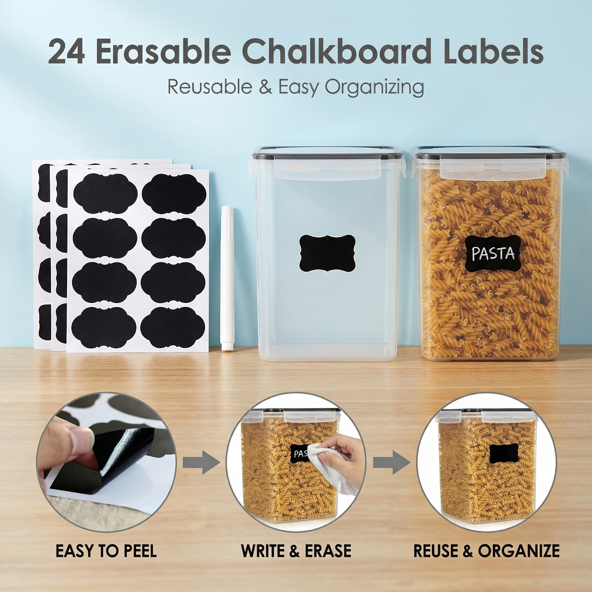 Food Storage Containers Set of 4 - Large 5.2L Airtight BPA-Free Plastic Canisters for Flour Sugar Rice Baking Supplies, Stackable Pantry Organizer with Lids Measuring Cups & Labels