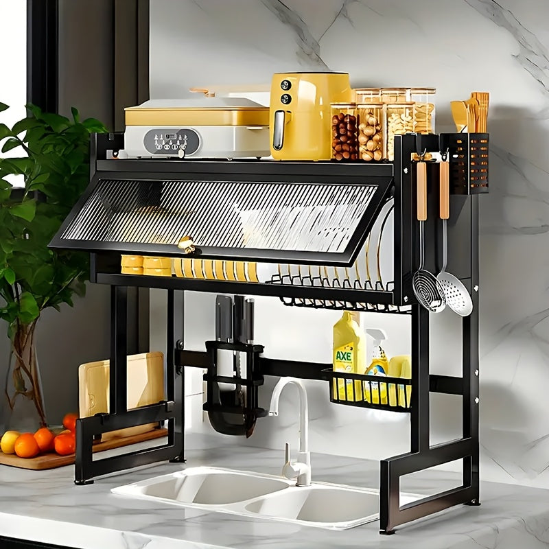 Dish Drying Rack for Kitchen Counter, Multi-Layer Countertop Dish Rack with Dust Cover, Large Capacity Organizer for Dishes Cups Utensils, Space Saving Kitchen Drying Rack in Black