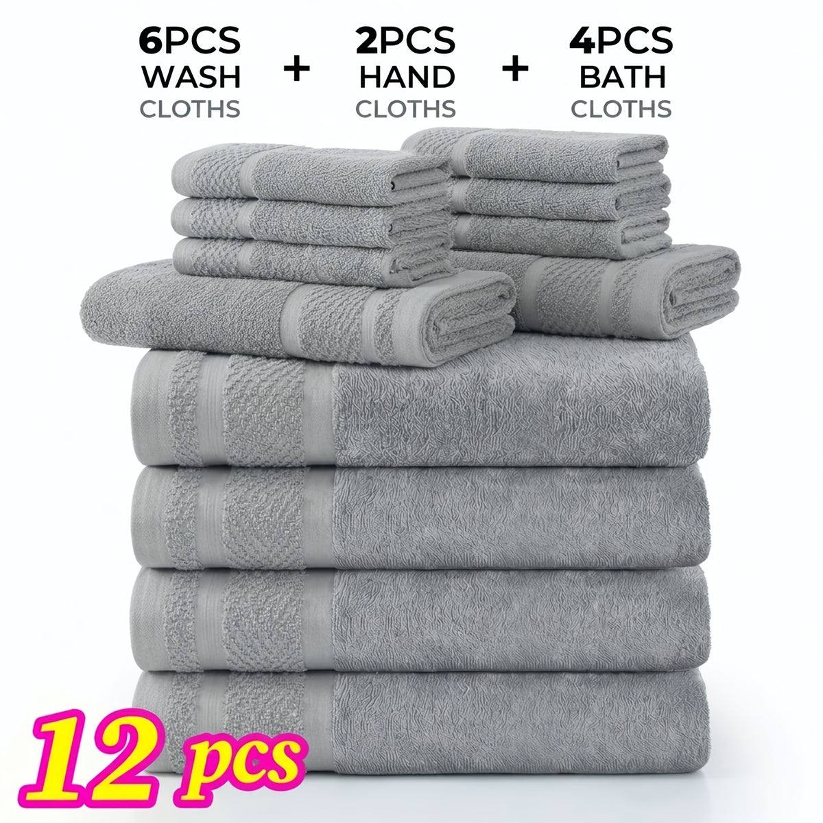 Bath Towel Set 12 or 24 Piece Hotel Quality Cotton Highly Absorbent Quick Dry – Bath Towels Hand Towels Washcloths for Hotel Spa Gym Home Bathroom Dark Gray White Orange Blue Purple Navy