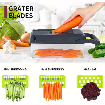 16-in-1 Manual Vegetable Chopper Set with 8 Blades, Container, Grater & Strainer – Professional Onion, Carrot & Garlic Slicer for Easy Cooking
