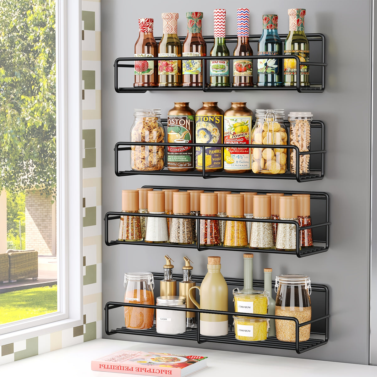Magnetic Spice Shelf 4-Pack No-Drill Refrigerator Kitchen Storage Rack – Adjustable Strong Magnetic Wall Mounted Shelf for Spices, Coffee Bar, Washing Machine, Kitchen Organizer Accessories