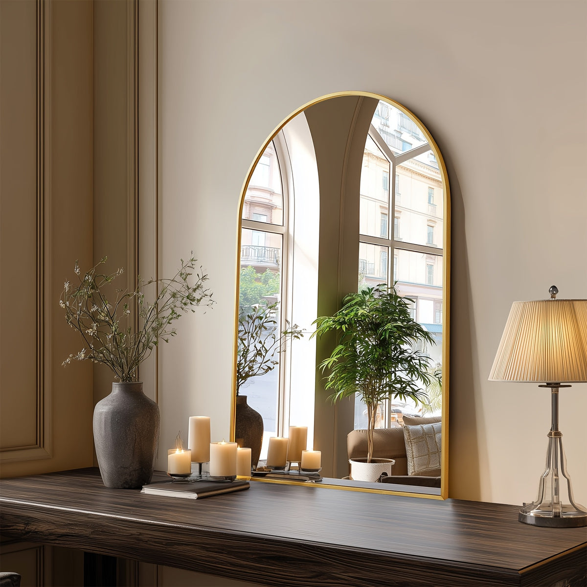 Gold Black Arch Mirror Wall Mounted Metal Frame Arched Wall Mirror Multiple Sizes for Bathroom Bedroom Entryway Living Room Vanity