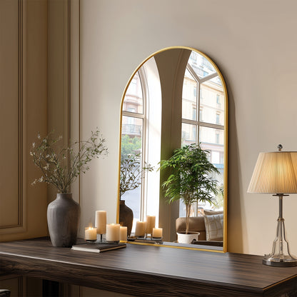 Gold Black Arch Mirror Wall Mounted Metal Frame Arched Wall Mirror Multiple Sizes for Bathroom Bedroom Entryway Living Room Vanity