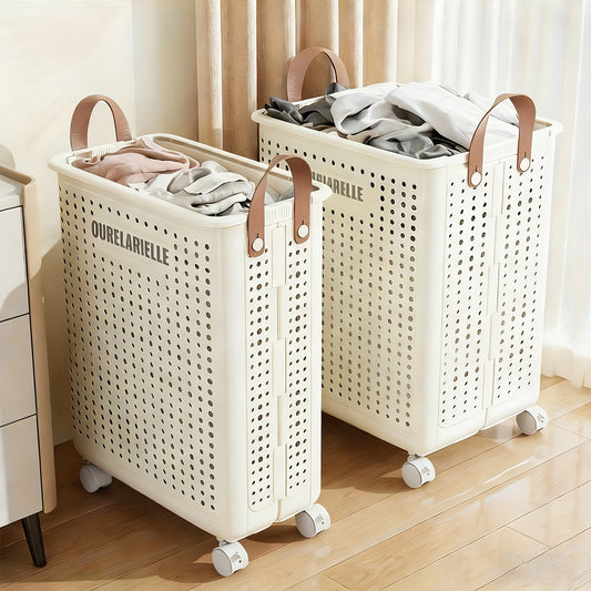 Foldable Wheeled Laundry Basket Large Faux Leather – Portable Collapsible Hamper with Wheels L & XL Size for Bathroom Bedroom Balcony Laundry Room – White Milky Yellow Solid Color Storage Basket