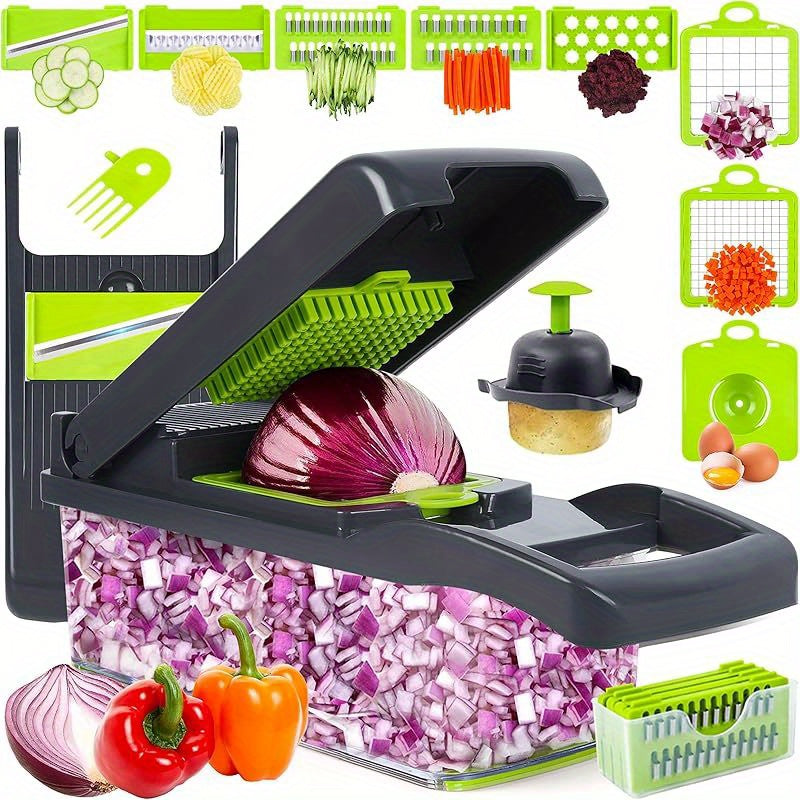 16-in-1 Manual Vegetable Chopper Set with 8 Blades, Container, Grater & Strainer – Professional Onion, Carrot & Garlic Slicer for Easy Cooking