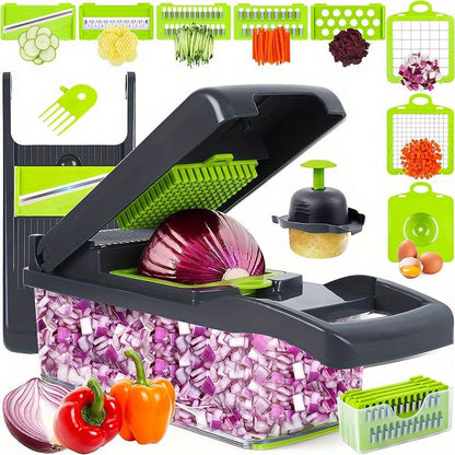 16-in-1 Manual Vegetable Chopper Set with 8 Blades, Container, Grater & Strainer – Professional Onion, Carrot & Garlic Slicer for Easy Cooking
