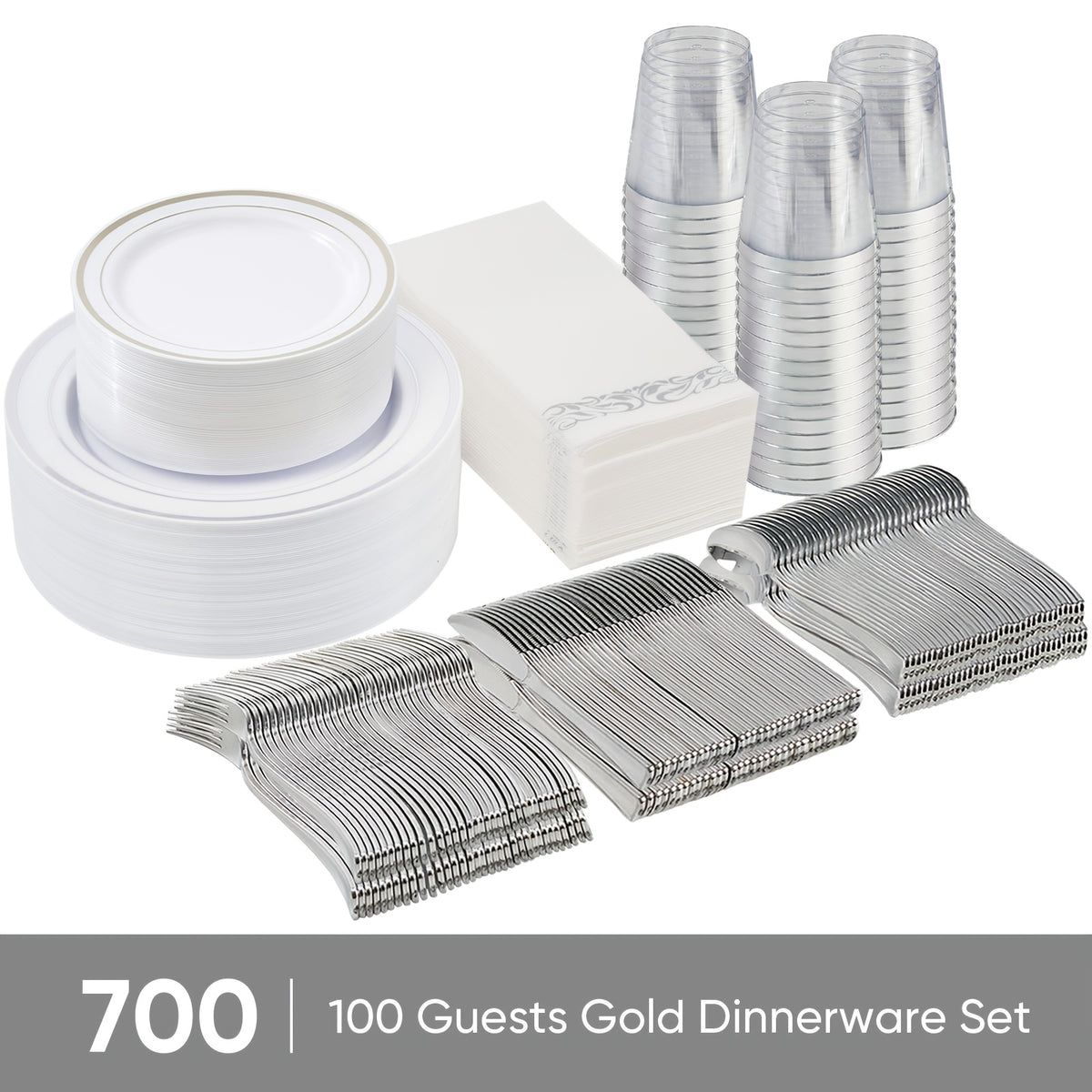 Disposable Plates for Parties 350/700 Piece Dinnerware Set with Dinner Plates, Salad Plates, Cups, Cutlery & Napkins – Gold & Silver for Wedding, Birthday, Graduation, Holiday Celebrations