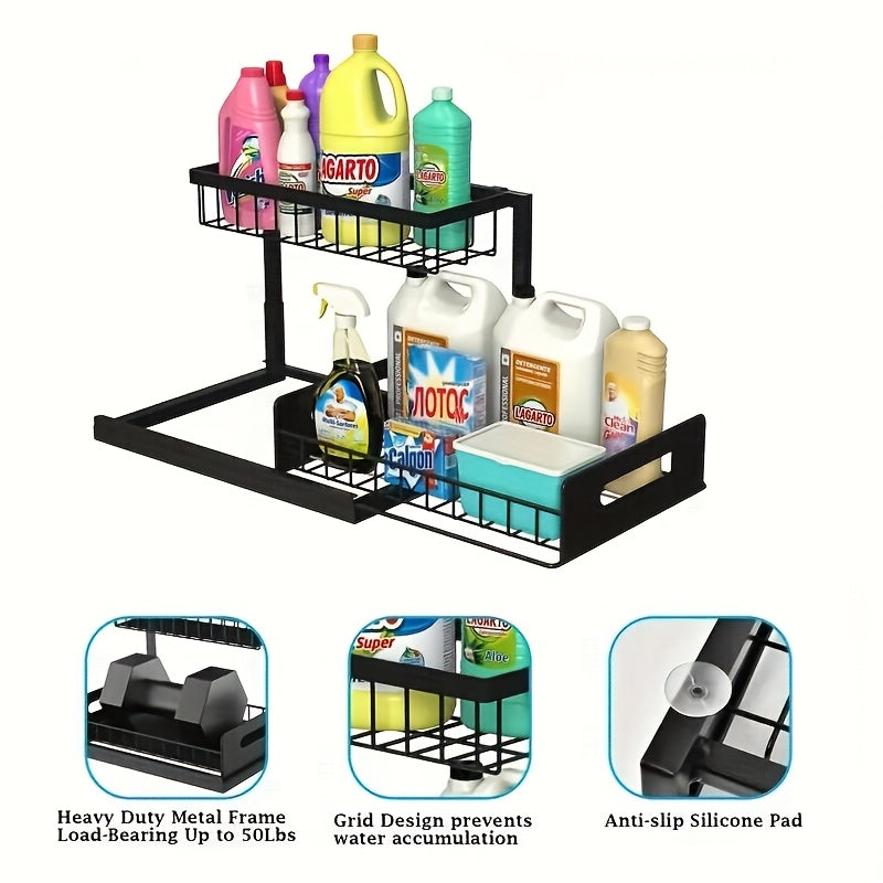 Under Sink Organizer Pull Out 2-Tier – Slide Out Cabinet Shelf for Kitchen & Bathroom, Under Sink Storage with Adjustable Shelves, Black White Grey, 1 or 2 Pack