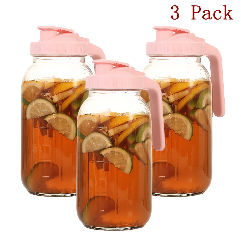 Mason Jar with Handle and Lid 64oz, 2/3 Pack BPA-Free Borosilicate Glass Jar with Lid, Leak-Proof Wide Mouth Beverage Carafe for Water Juice Smoothie, Sports Outdoor Kitchen Gift, Pink Black Blue