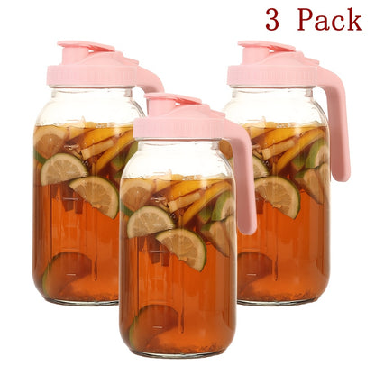 Mason Jar with Handle and Lid 64oz, 2/3 Pack BPA-Free Borosilicate Glass Jar with Lid, Leak-Proof Wide Mouth Beverage Carafe for Water Juice Smoothie, Sports Outdoor Kitchen Gift, Pink Black Blue
