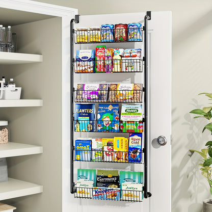 Over The Door Organizer, Heavy-Duty Metal Pantry Rack with 6 or 8 Shelves – Space-Saving Multi-Level Storage for Kitchen, Bathroom & Laundry Room, Spice Rack & Cabinet Door Hanging Shelf, Black or White