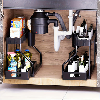 Under Sink Organizer 2 Pack Pull Out Sliding Shelf – Durable Cabinet Organizer with Sliding Drawers for Bathroom Kitchen Space-Saving Storage Solution – Black White Sleek Design