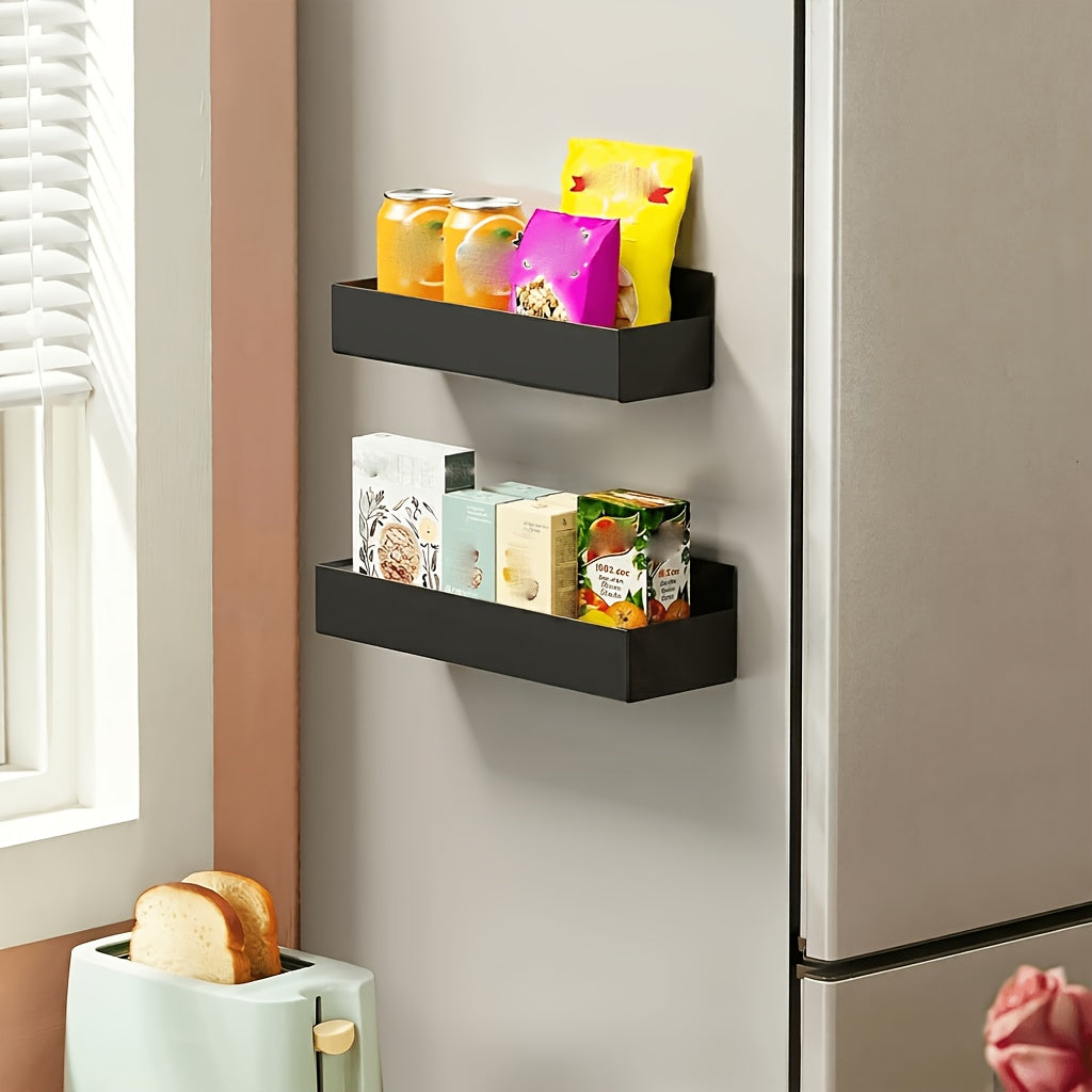 Magnetic Fridge Organizer Shelf Set - Movable Metal Refrigerator Storage Rack, Multi-Purpose Magnetic Spice Shelf for Kitchen & Bathroom, Space-Saving Side Wall Organizer, Black White 2pcs 4pcs