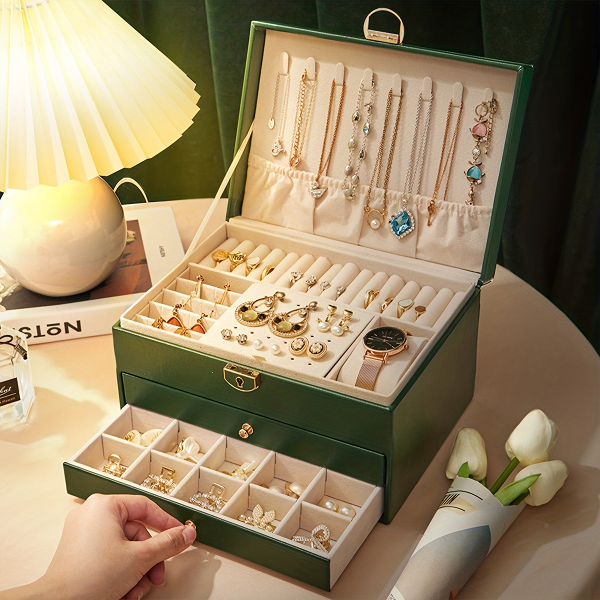 Jewelry Box Large Capacity Organizer for Necklaces Earrings Bracelets Rings Studs – Premium Jewelry Storage Box with Multiple Compartments Gift for Women Mom Pink White Black Green