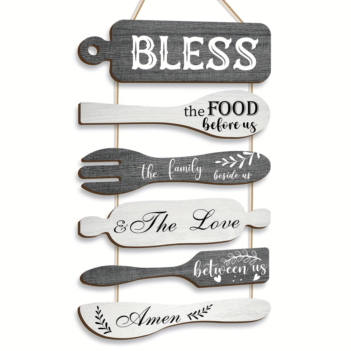 Farmhouse Kitchen Wall Decor Wood Sign Set – Bless The Food Before Us Rustic Dining Room Hanging Wall Art Rope Plaque, 6 Pieces Wood Board